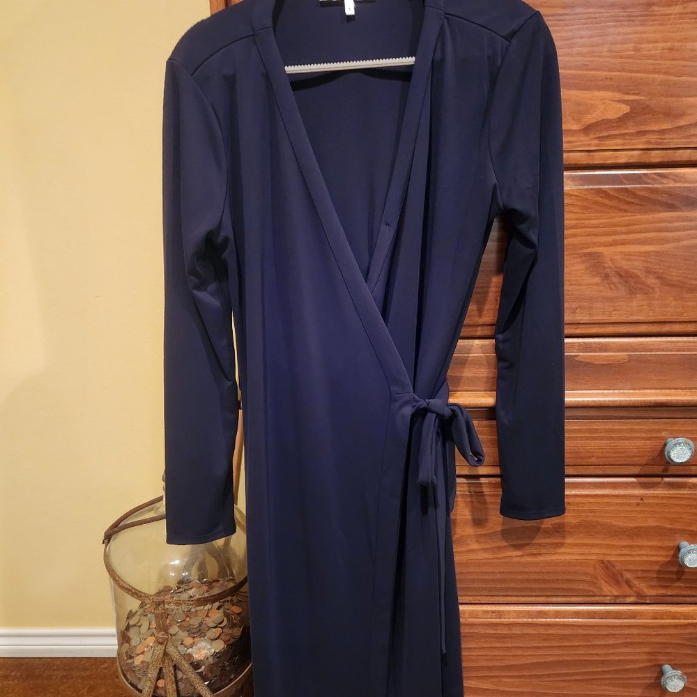 Lark & Ro Navy True Wrap Dress Long Sleeve Large